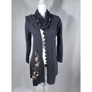 Simply Couture Cardigan Sweater Womens XL Black Floral Embroidered Open Front